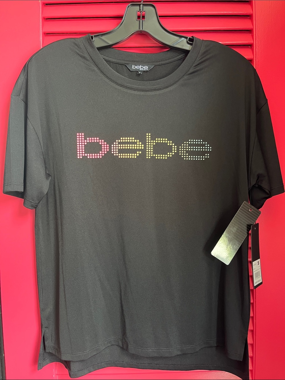 bebe Black Tee with Pink-Yellow-Green Studded Logo